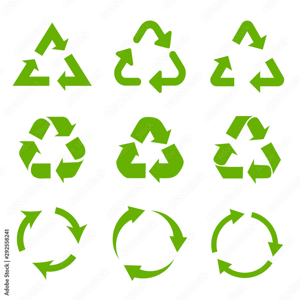 Poster set of green recycle arrows icons on a white background in a flat design
