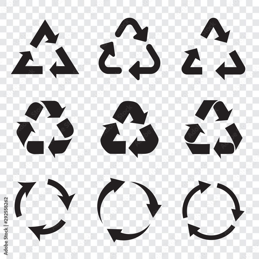 Poster Set of black recycle arrows icons on a transparent background in a flat design