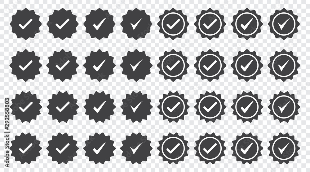 Poster set of black check mark badge icons. profile verification icons
