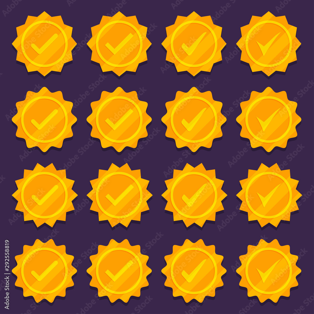 Poster set of golden check mark medal icons. profile verification icons