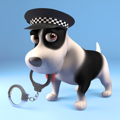 Funny 3d cartoon puppy dog dressed as a police man holding pair of handcuffs in his mouth, 3d illustration