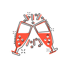 Champagne glass icon in comic style. Alcohol drink vector cartoon illustration on white isolated background. Cocktail splash effect business concept.