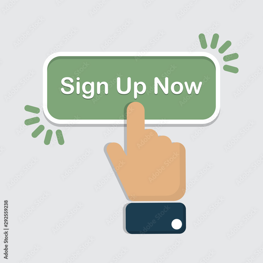 Poster Hand click on sign up now button in a flat design