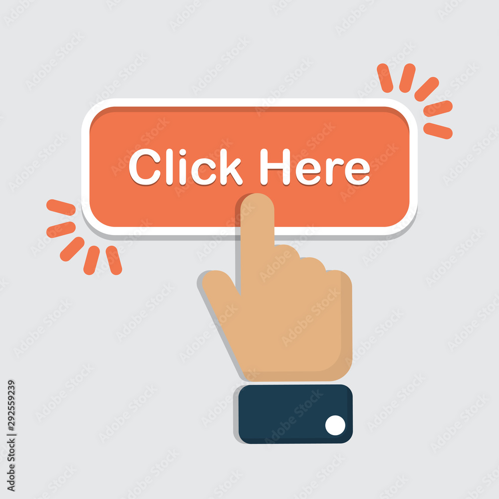Poster Hand click on click here button in a flat design