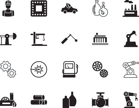 factory vector icon set such as: derrick, hardware, gray, workshop, s, electric, impact, craftsmen, automatic, beam, solid, mask, icons, gallon, faucet, welder, digital, petrol, motion, cogs