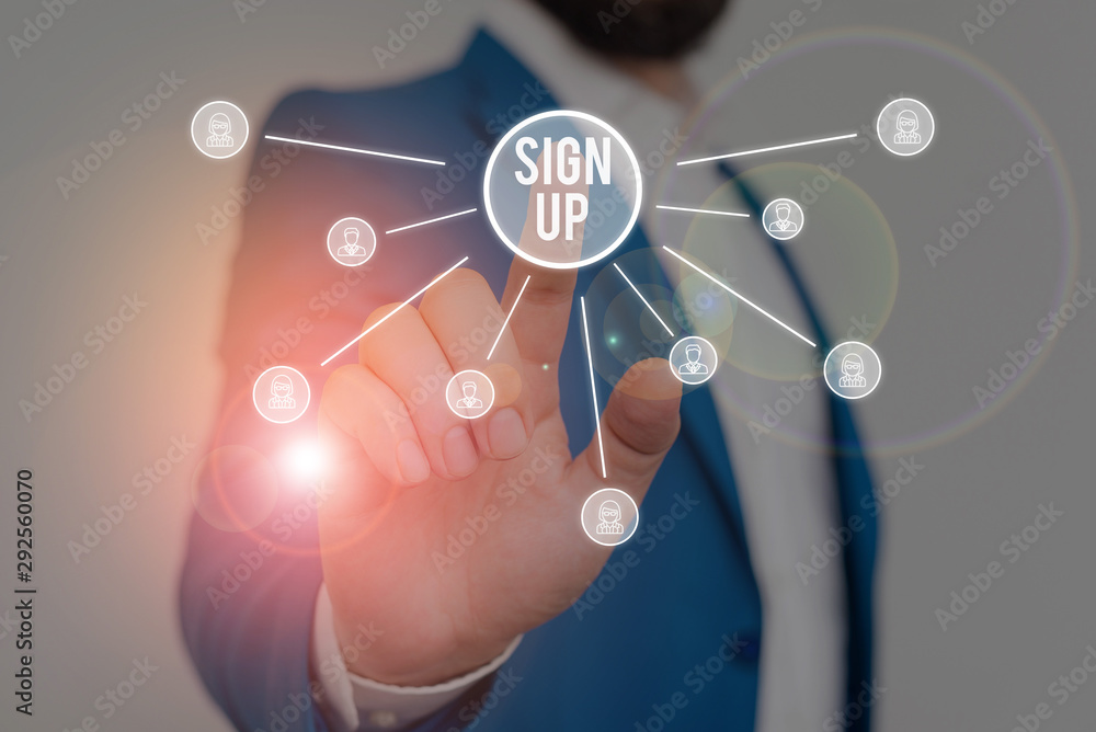 Poster writing note showing sign up. business concept for use your information to register in website team 