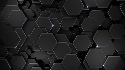 Dark metallic material hexagons background, 3d render illustration.