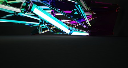 Abstract architectural black and glass gradient color interior of a minimalist house with color gradient neon lighting. 3D illustration and rendering.