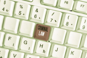 Handwriting text writing Criminal Law. Conceptual photo legal system which relates to punishing those commits crime White pc keyboard with empty note paper above white background key copy space