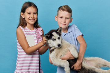 Naklejka na ściany i meble little boy and girl having fun with their dog in the studio, close up portrait, isolated blue backgroun, entertainment