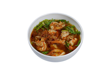 Sour soup with shrimp and water mimosa isolated on white background