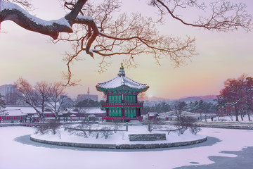 Hyangwonjeong Pavilion,Gyeongbokgung Palace in winter Seoul,South Korea.