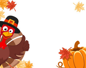 Turkey in a hat peeks out with a pumpkin and autumn leaves, place for text. Blanche Thanksgiving Day