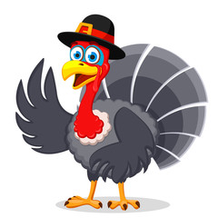 Turkey in a hat smiles and waves a wing on a white background. Thanksgiving Day.