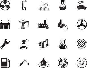 factory vector icon set such as: airflow, offshore, impact, engine, hook, rotate, wrench, casting, pump, mill, automobile, renewable, electrical, development, warning, wind, sea, tank, supply, light