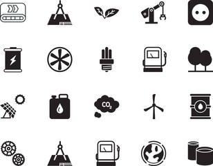 factory vector icon set such as: co2, pipes, fossil, cell, fan, knowledge, can, alternative, full, european, simple, type, outlet, robotics, car, beautiful, globe, turbine, jerrycan, flammable