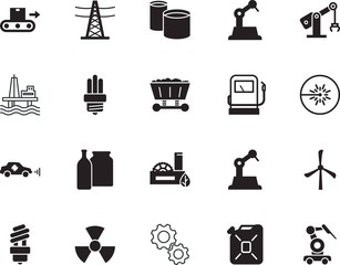 factory vector icon set such as: extraction, cogs, wheel, jerry, adaptive, engineering, radioactive, control, pipe, pipes, mechanism, derrick, working, piping, alcohol, beer, belt, danger, plant