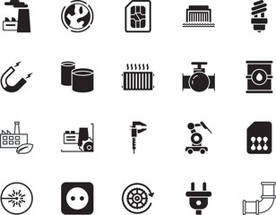 factory vector icon set such as: vintage, fluorescent, cartoon, landscape, idea, lamp, rig, worker, river, dam, mechanism, meter, concrete, supply, attract, button, lightbulb, sun, engine, container