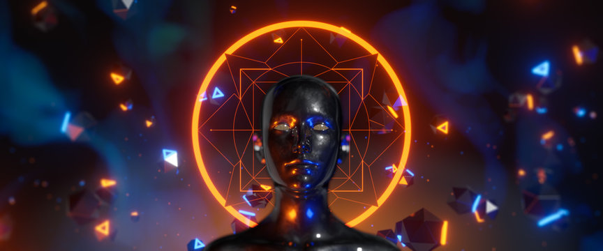 Abstract concept of mistic face with magic sign. 3d illustration