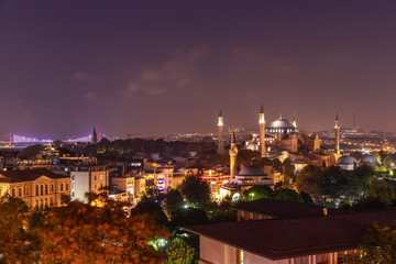 Night Istanbul, view on Hagia Sophia, the Bosphorus Bridge and the Galata Tower
