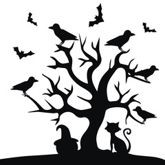 Horror helloween tree, cat art, vector illustration