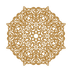 Laser cutting mandala. Round ornamental lace, golden floral pattern. Oriental ornament silhouette. Vector geometric circle. Circular pattern in arabesque style. For wedding invitation, greeting card.