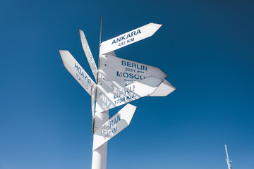 Destination signs to several famous cities, Tahtali, Kemer, Antalya, Turkey