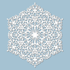 Laser cut mandala. Round lace doily, floral ornament, circular silhouette. Vector geometric oriental pattern in arabesque style. Decorative napkin or snowflake. For wedding invitation, greeting card.