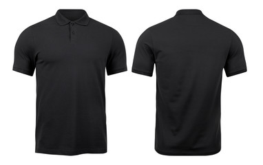 Black polo shirts mockup front and back used as design template, isolated on white background with...