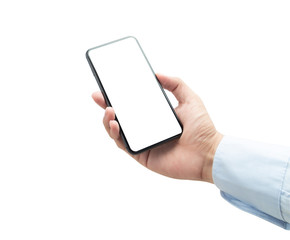 Businessman holding the black smartphone with blank screen isolated on white background with clipping path.