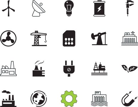 factory vector icon set such as: cogwheel, load, geography, information, creative, digital, sea, farm, telecommunication, motion, world, interface, logistics, planet, global, gear, airflow, rig