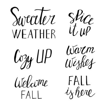 Sweater weather, warm wishes, cozy up, spice it up, fall is here, welcome fall. Set of hand drawn lettering. Vector illustration.
