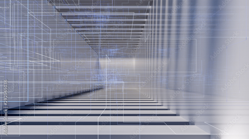 Poster bright and empty room with technological lines, 3d rendering.