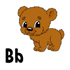 Funny alphabet. ABC flash cards. Cartoon cute character isolated on white background. For kids education. Developing worksheet. Learning letters. Vector illustration.