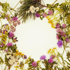 A beautiful floral frame made from wild flowers. A circle card with wild flowers borders.