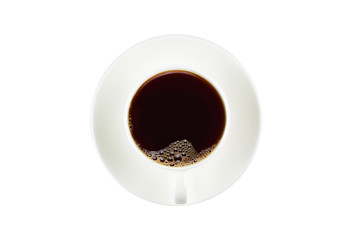 White coffee Cup with coffee on saucer isolated on white background. Top view.