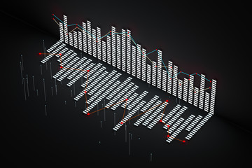 Business chart with line graph, bar chart and numbers on dark background, 3d rendering
