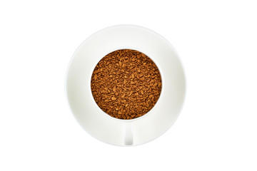 White coffee Cup with instant coffee on saucer isolated on white background. Top view.