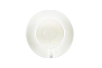 Empty white coffee Cup on saucer isolated on white background. Top view.