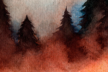fog in the forest. Christmas trees. needles. pine trees. autumn winter. watercolor
