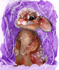 Bunny winter cold in the snow. rabbit snowflakes. needles. frost. watercolor. Christmas. happy new year greeting card