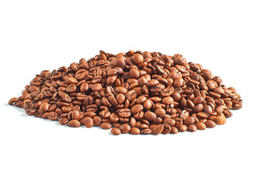 A mound of roasted coffee beans isolated on a white background.