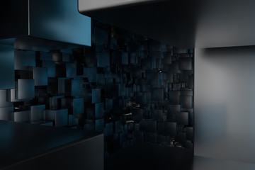 A room full with dark cubes, Illuminated by glowing cubes, 3d rendering