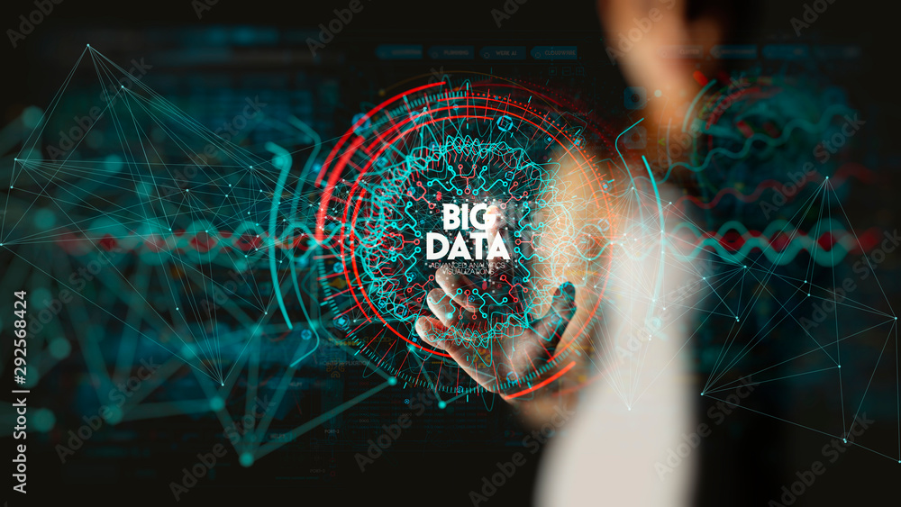 Fototapete Big data in HUD and icon ui with hand selecting and pressing Big Data symbol and modern interface.