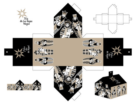 Three biblical Kings: Caspar, Melchior and Balthazar. Three wise men with gift boxes. Feliz dia de reyes! (Happy Three Kings Day!)Cut out box template.