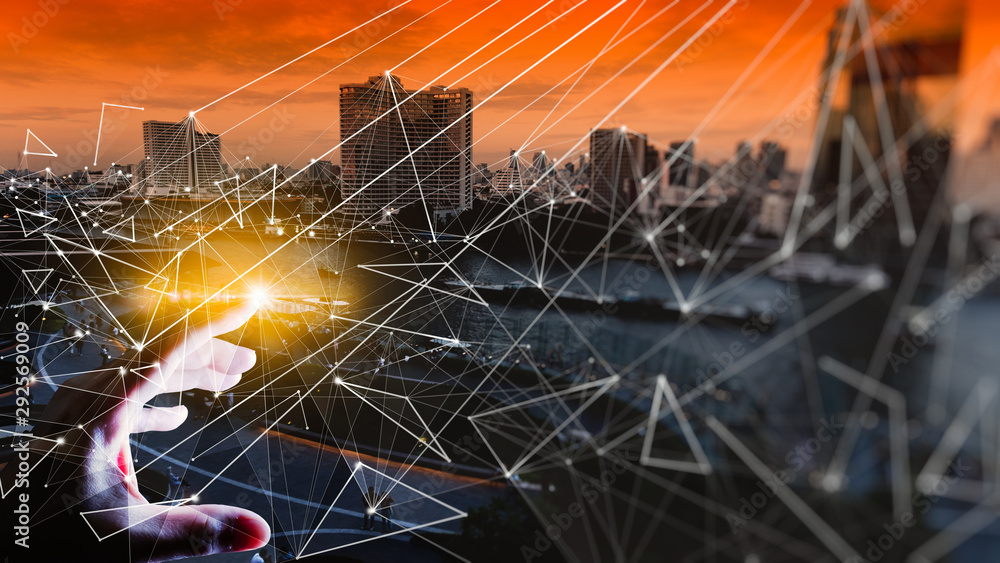Poster woman hand touching wireless network and connection technology elements covering on abstract buildin