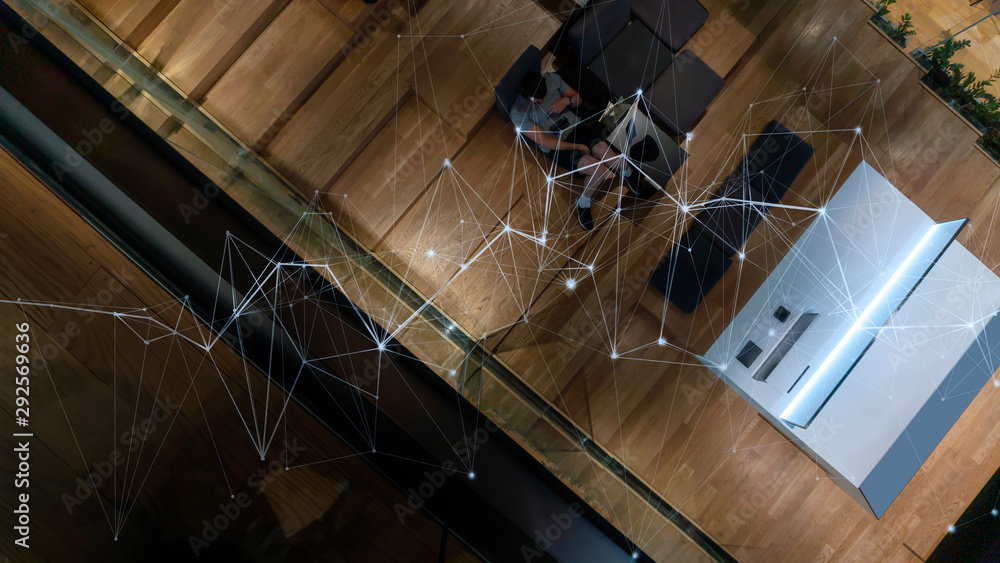 Poster Above view of Hipster guy surfing network, connecting with people and shopping in data center.