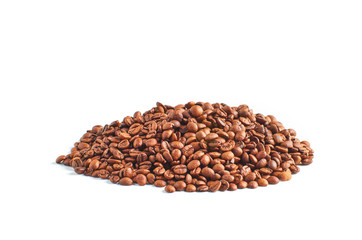A mound of roasted coffee beans isolated on a white background.