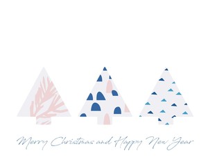 Happy new year quote, text and Scandinavian style abstract fir-trees for design greeting cards, prints, posters. 