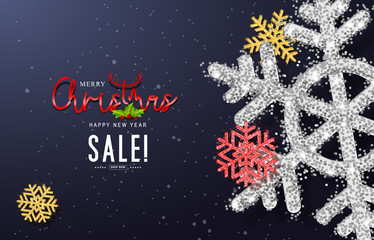 Fototapeta na wymiar Merry Christmas and Happy New Year sale banner. Christmas special offer design vector.